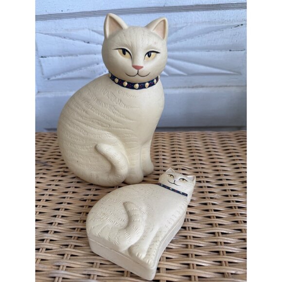 Vintage 80s Bisque Ceramic Set Yellow Cat Figurine and Trinket Box - Picture 1 of 14